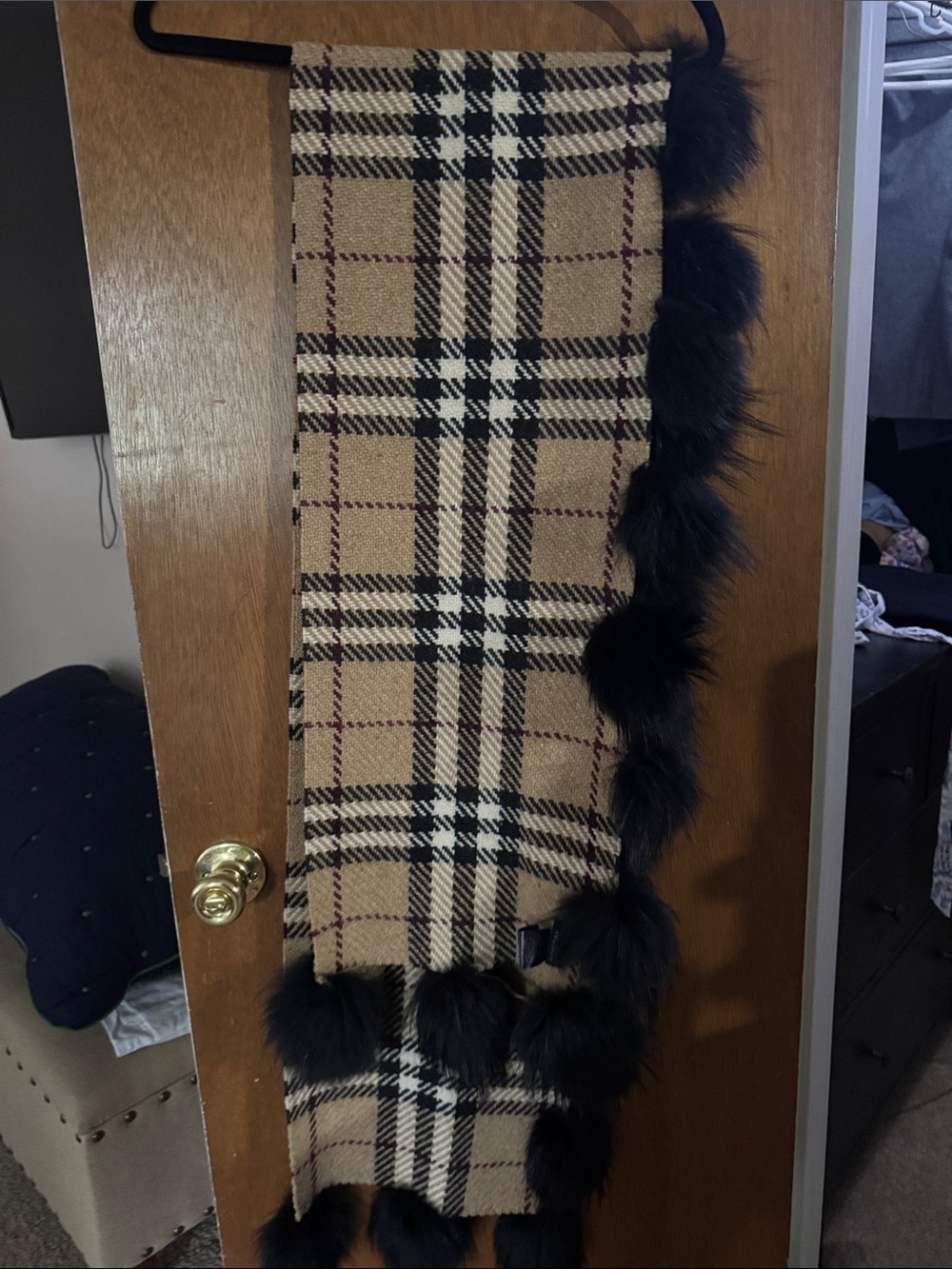 Burberry Beige Plaid Scarf with Black Fur Trim
